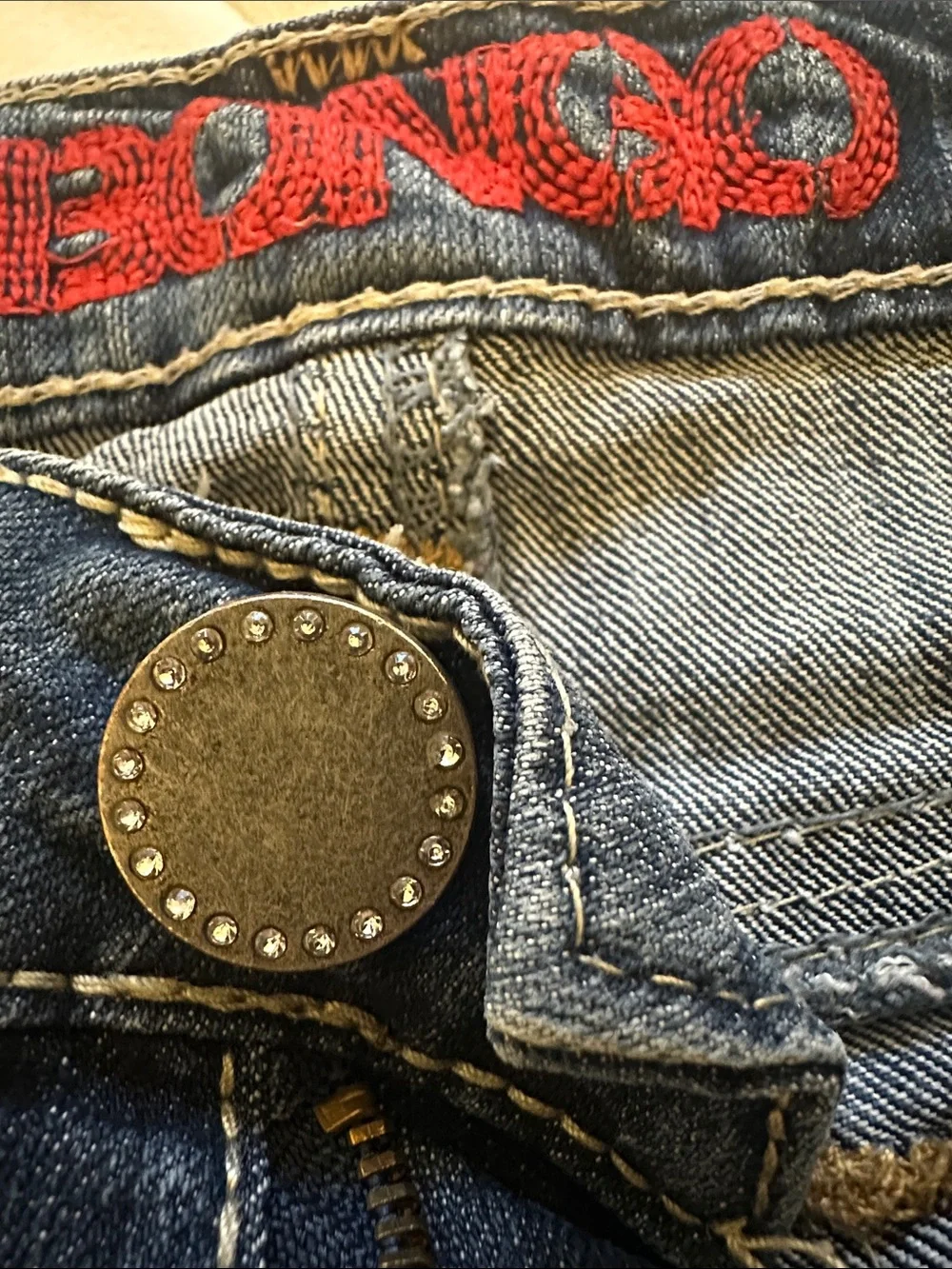 Embellished Light Wash Denim Shorts - Blue